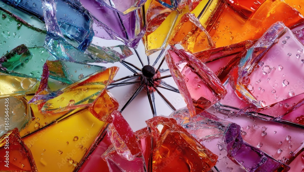 Fototapeta premium Colorful, shattered umbrella shards arranged in a circular pattern, centered on a white background