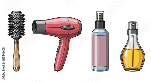 Hairdressing accessories illustration: round brush, hairdryer and various spray bottles