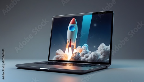 Space rocket and shuttle launching with digital technology elements in laptop screen