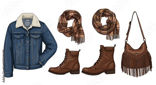 Stylish Fall Fashion Essentials: Denim Jacket, Boots, Scarf and Bag