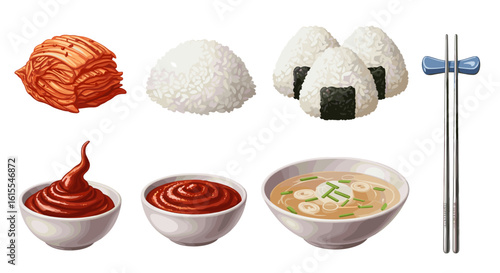 Traditional Korean and Japanese cuisine with kimchi, rice, and chopsticks.