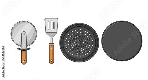 Pizza baking utensils lineup: cutter, spatula and two pizza pans.