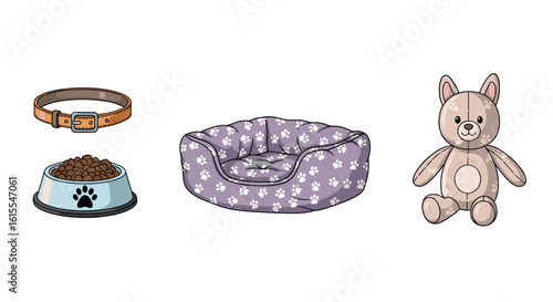 Dog necessities illustration: collar, food bowl, bed, and teddy bear