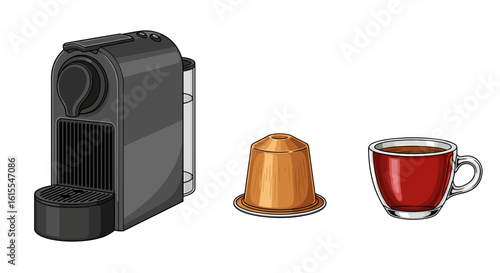 Modern capsule coffee maker with red cup and gold capsule