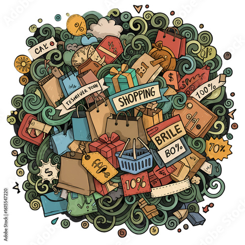 Colorful Shopping Illustration Featuring Gifts and Sale Banners on Black Background