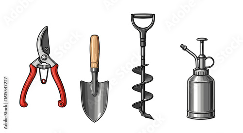 Garden tools set: Gardening equipment isolated on a white background.