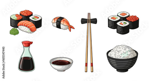 Assorted sushi pieces with soy sauce, rice, and chopsticks illustration