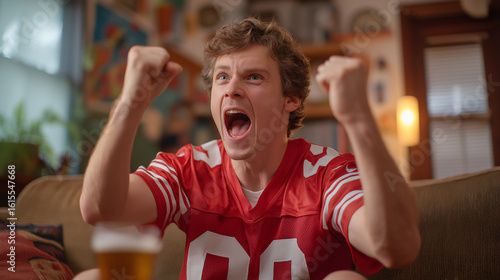 Excited sports fan celebrating alone in living room at home