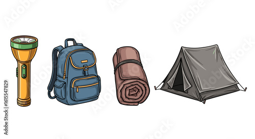 Camping essentials: Flashlight, backpack, sleeping bag and tent are ready for adventure.