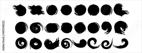 Set of hand painted black ink circle brush strokes, inspired by Zen Enso art and abstract grunge design. These artistic circular elements are perfect for posters, digital artwork, and creative design 