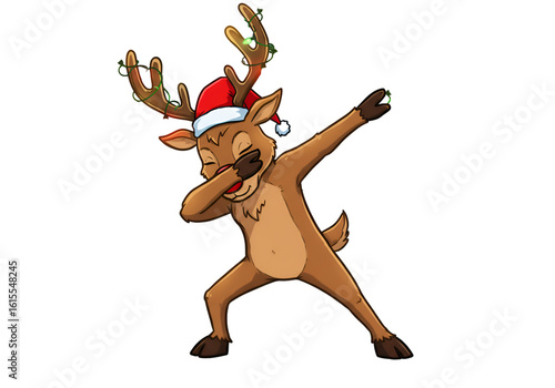 Christmas Illustration Reindeer Dabbing With Santa Hat Isolated Background
