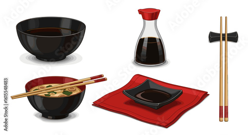 Japanese Cuisine Still Life: Bowl, Noodles, Sauce, Chopsticks and Napkin
