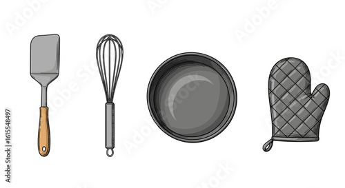 Kitchen utensils doodle: spatula, whisk, bowl, and oven mitt illustration