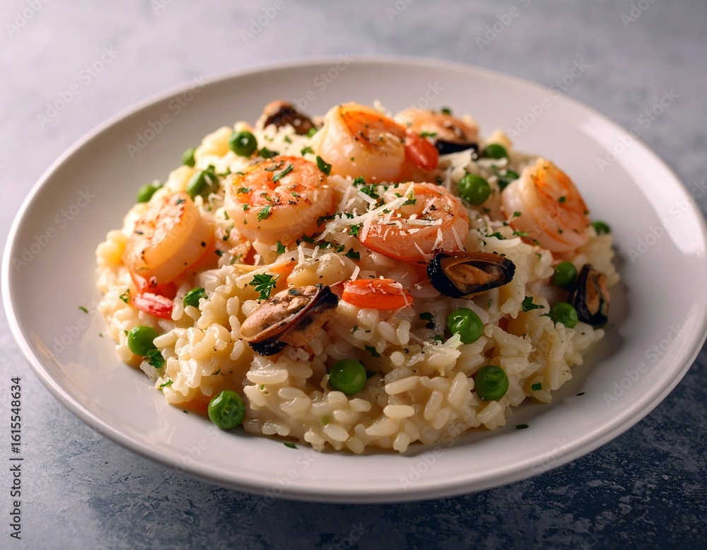 Seafood risotto with scallops and shrimp garnished with parmesan – creamy dish Seafood risotto with scallops and shrimp garnished with parmesan – creamy dish