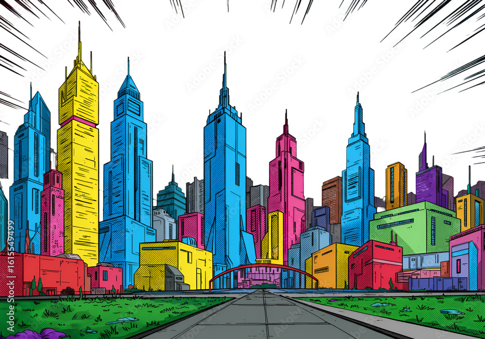 Fototapeta premium Colorful City Skyline Illustration With Buildings And Dark Night Background