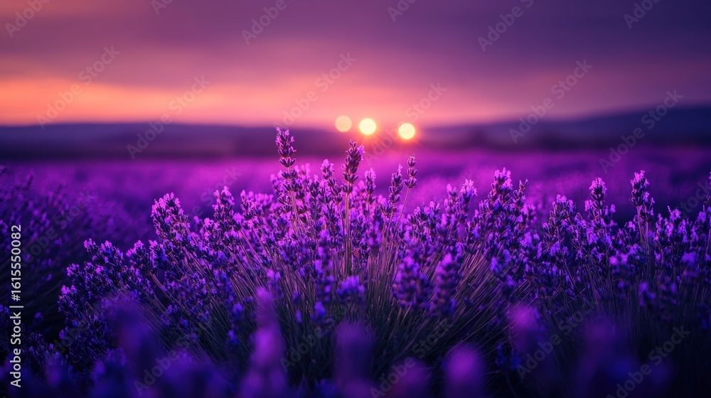 Naklejka premium Vibrant purple lavender field at sunset