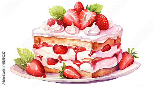 Delicious cake topped with fresh strawberries and creamy frosting beautifully presented isolated on white background