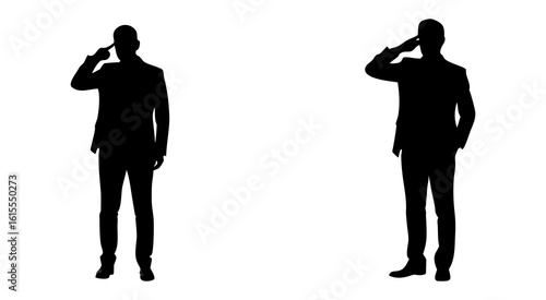 Two man standing and giving salute full black silhouette vector illustration design