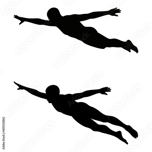 Two man swimming full black silhouette vector illustration design