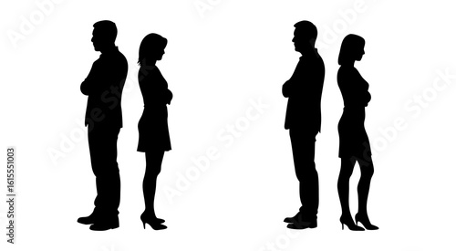 Two sad couple standing  full black silhouette vector illustration design