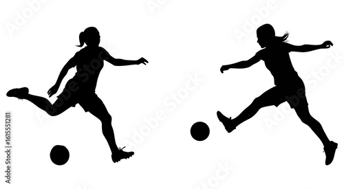 Two women soccer player full black silhouette vector illustration design