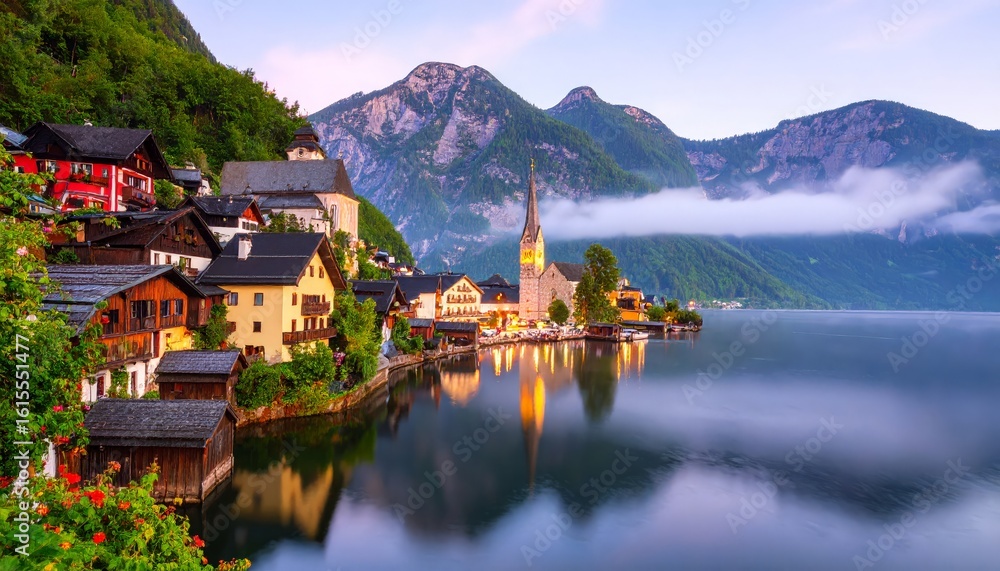 Fototapeta premium Hallstatt at dawn reflected water view