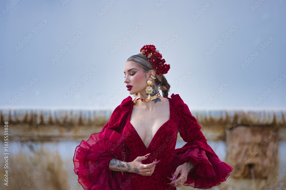 Fototapeta premium A beautiful woman dancing flamenco in a square in Seville, Spain. She is wearing a red dress with ruffles and dancing flamenco with great artistry. Flamenco, cultural heritage of humanity.