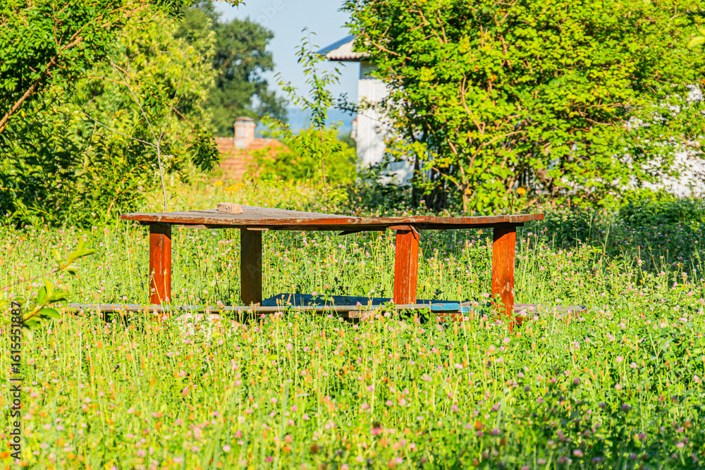 Naklejka premium Tranquil, daytime scene of an ancient Central European village Grassy foreground with picnic table, undulating green landscape, brick chimney structure in the distance