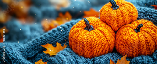 Vibrant orange pumpkins on cozy blanket. Three bright orange pumpkins sit atop a knitted blue blanket surrounded by autumn leaves, capturing the essence of fall.