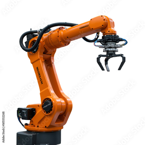 Industrial Robot Arm with Orange Metallic Details isolated on Black Background