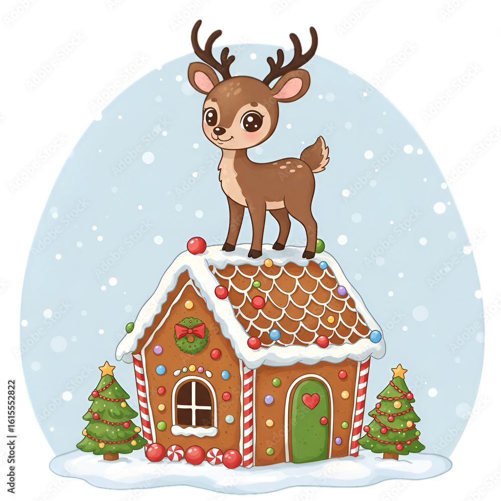 Naklejka premium Cute Cartoon Christmas Deer Standing On Gingerbread House Illustration