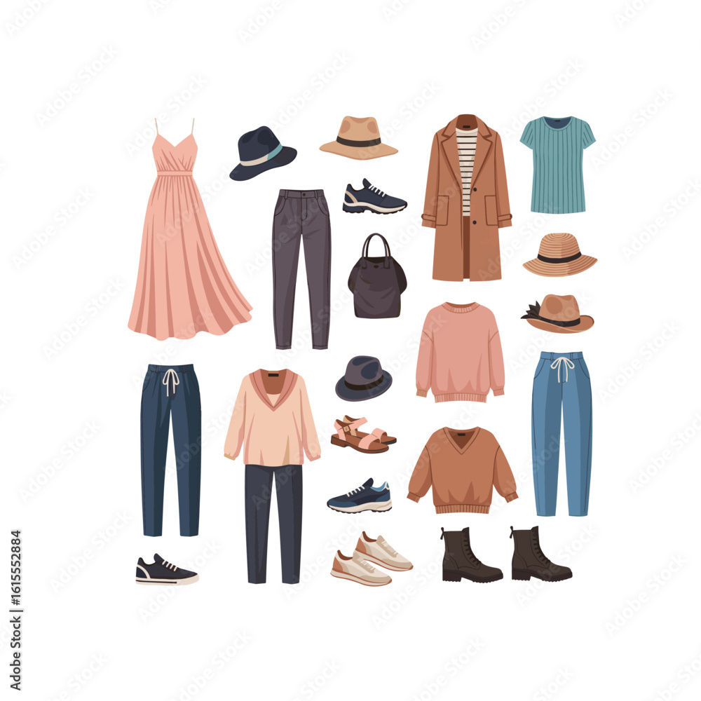 Fashion-sets-of-summer-outfits-with-casual-clothes,-bags-and-accessories-for-woman-vector-illustration-on--white-background. Fashion-sets-of-summer-outfits-with-casual-clothes,-bags-and-accessories-for-woman-vector-illustration-on--white-background.
