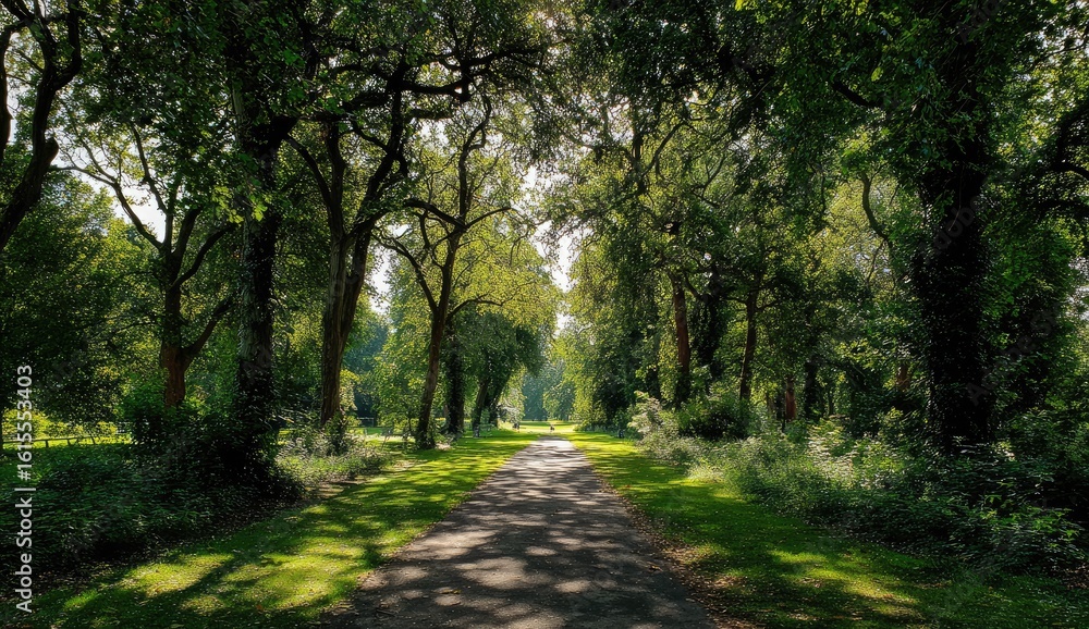 Obraz premium Sun-drenched path through a lush park