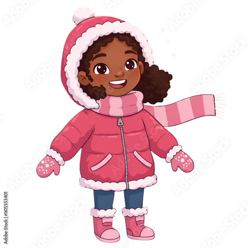 Cute Cartoon Illustration Of Smiling Girl In Pink Winter Coat Isolated