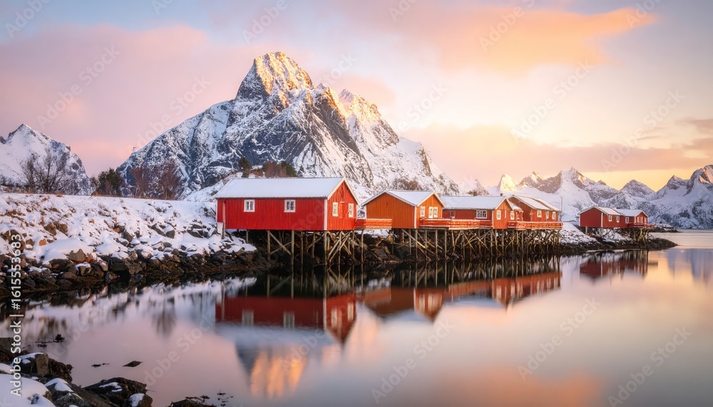 Fototapeta premium Lofoten cabins bask in sunrise glow