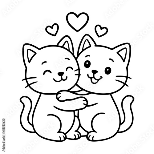 Vector Line Art of Two Cute Hugging Cats with Hearts – Printable Coloring Page for Kids and Cat Lovers