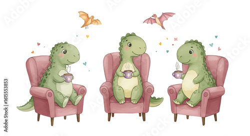 Cute Cartoon Illustration Of Three Dinosaurs Drinking Tea And Relaxing Together
