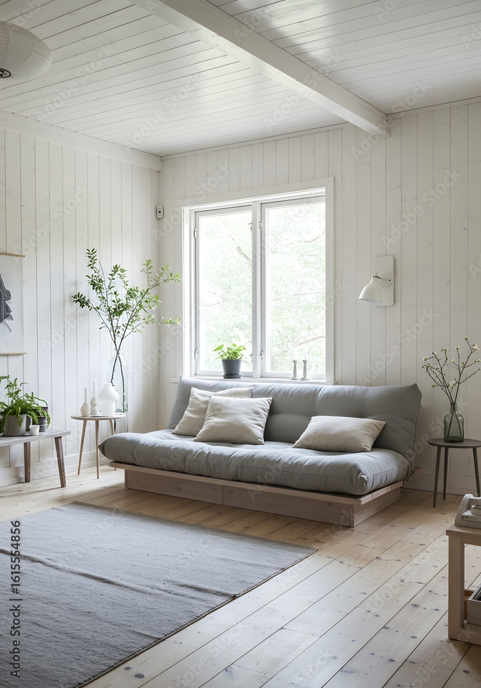 Cozy Minimalist Living Room Interior Design Grey Futon Sofa, White Walls, Wooden Floor and Plant Decor. Cozy Minimalist Living Room Interior Design Grey Futon Sofa, White Walls, Wooden Floor and Plant Decor.