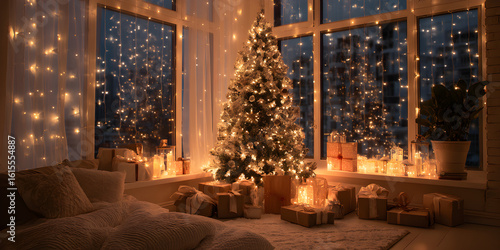 Cozy Christmas Eve scene with decorated tree and gifts