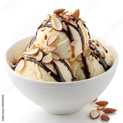 white bowl and Delicious vanilla ice cream sundae with chocolate syrup and almonds isolated on white background