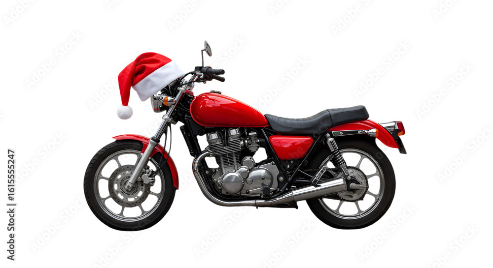 Fototapeta premium Christmas Motorcycle Illustration A Red Motorbike With Santa Hat Isolated Black Background