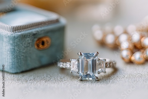 Elegant engagement ring, light blue box, pearls