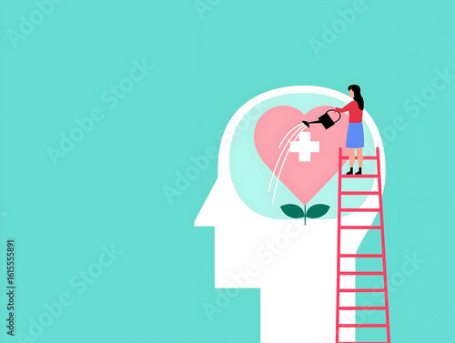 A woman waters a heart with a medical cross inside a head silhouette, symbolizing nurturing mental health and emotional wellbeing.