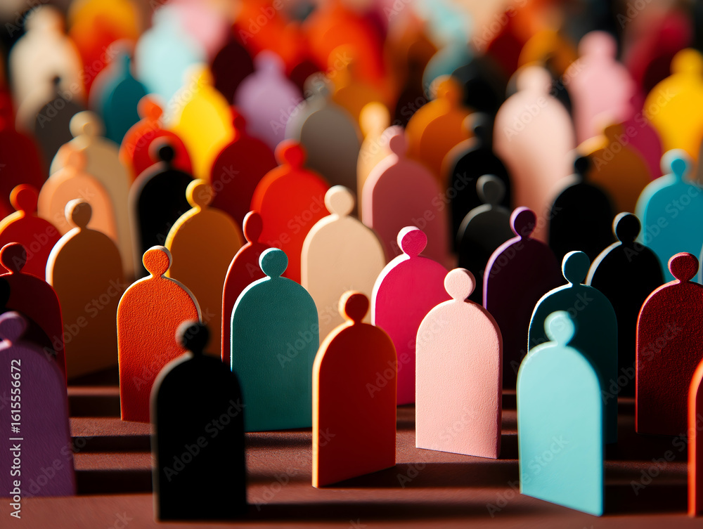 Obraz premium Colorful, abstract paper cutouts of human figures arranged closely together, representing diversity and community in a vibrant setting.