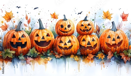 Watercolor Halloween pumpkins with autumn leaves and bats in a row jack o lantern fall