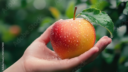 Holding the Essence: A hand cradles a vibrant, dew-kissed apple, a testament to nature's bounty and a symbol of health and freshness.