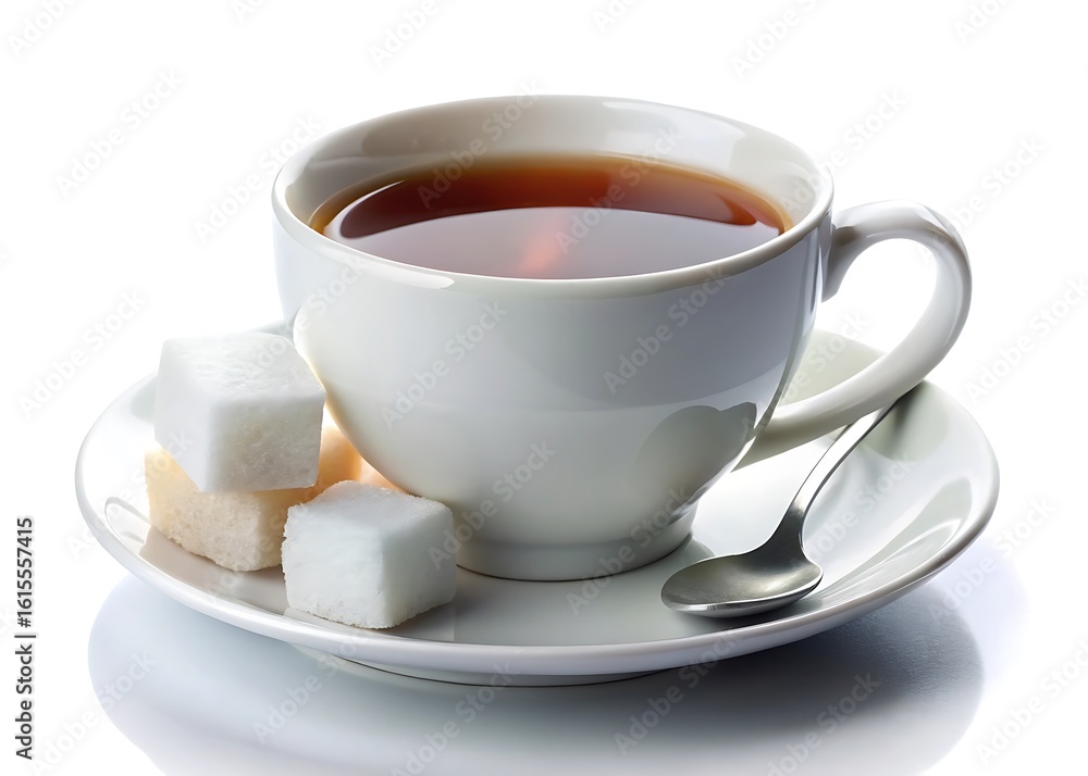 white sugar cubes and cup of hot tea with sugar cubes on a saucer isolated on white background white sugar cubes and cup of hot tea with sugar cubes on a saucer isolated on white background