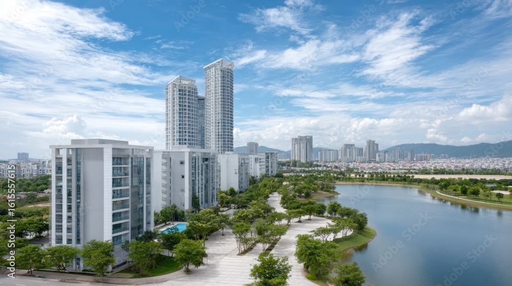 Fototapeta premium Modern Cityscape by the Lakeside: A sprawling modern cityscape emerges along a serene lakeside, showcasing the fusion of urban architecture with the calmness of nature.