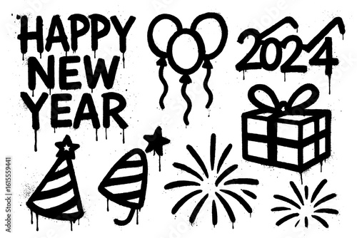 New year celebration icons in graffiti spray style with fireworks, clock, champagne and confetti, Transparent Background