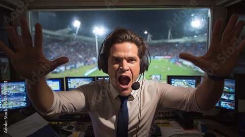 Dynamic Sports Commentator in Broadcasting Booth with Screens